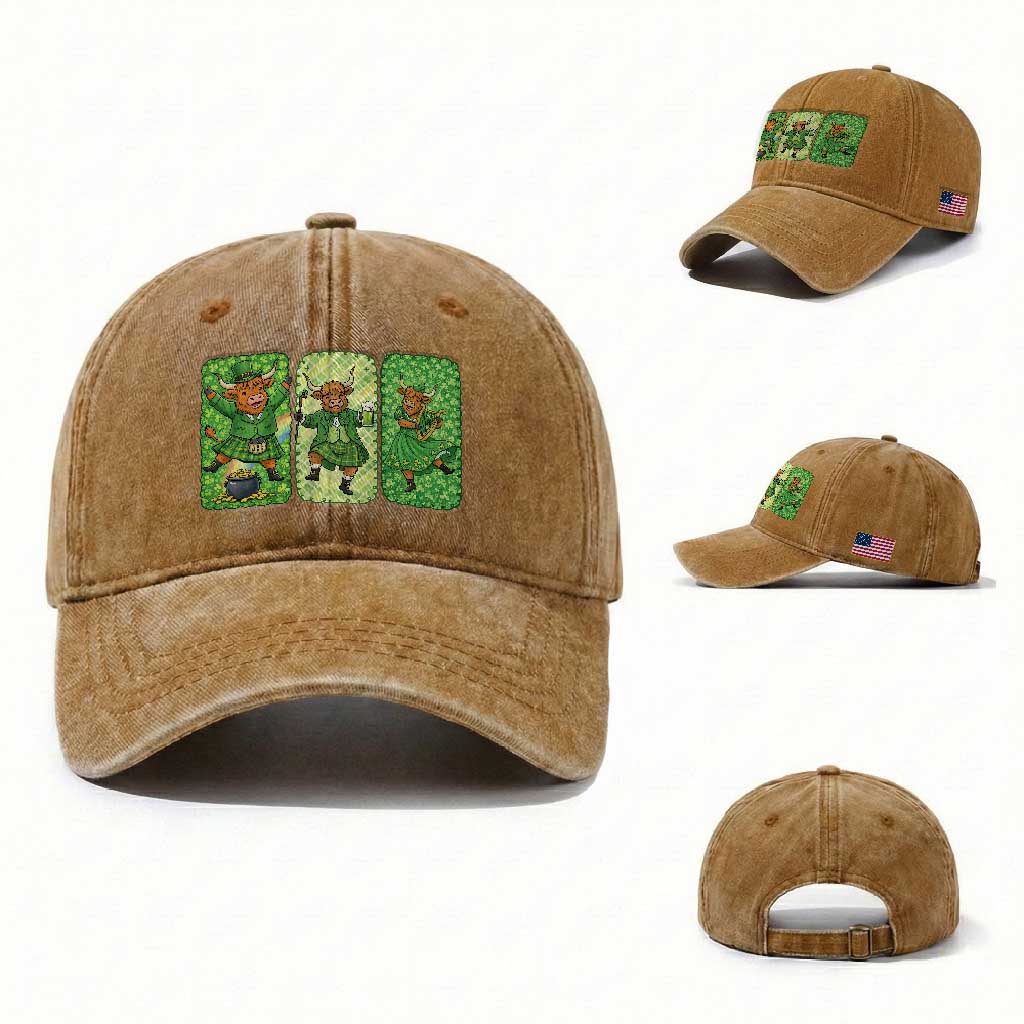 Vintage Highland Cow St Patricks Day Washed Cotton Baseball Cap Farm Lover Gift TS12 Washed Cap Universal Fit Yellow Ochre Print Your Wear