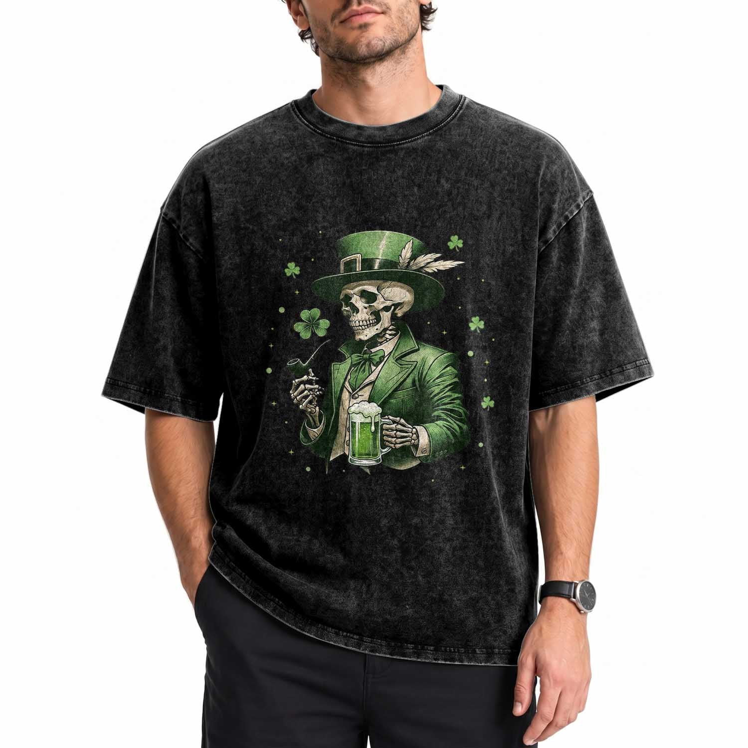 Skeleton St Patricks Day Drinking Washed Cotton T-Shirt Irish Party Gift