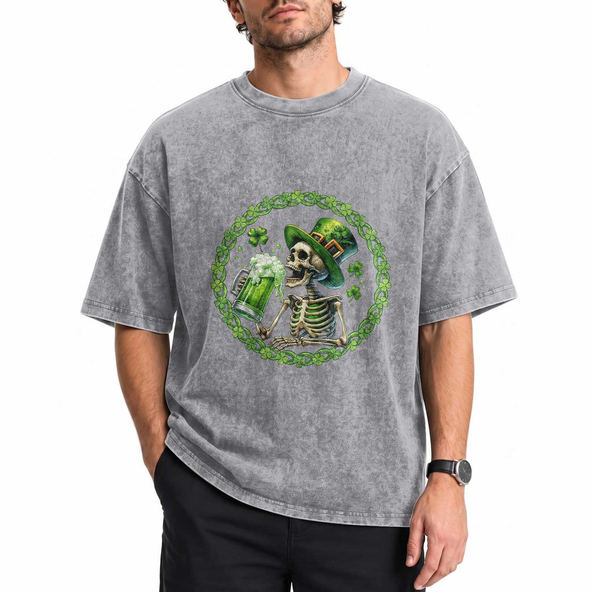Lucky Irish Skeleton St Patricks Day Washed Cotton T-Shirt Beer Lover