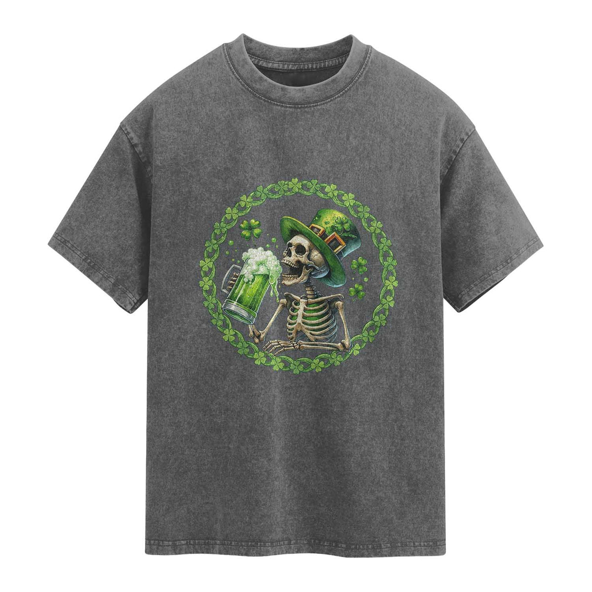 Lucky Irish Skeleton St Patricks Day Washed Cotton T-Shirt Beer Lover