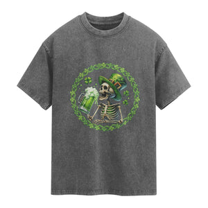 Lucky Irish Skeleton St Patricks Day Washed Cotton T-Shirt Beer Lover