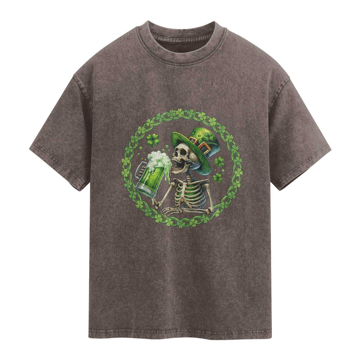 Lucky Irish Skeleton St Patricks Day Washed Cotton T-Shirt Beer Lover