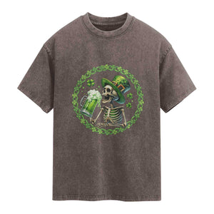 Lucky Irish Skeleton St Patricks Day Washed Cotton T-Shirt Beer Lover