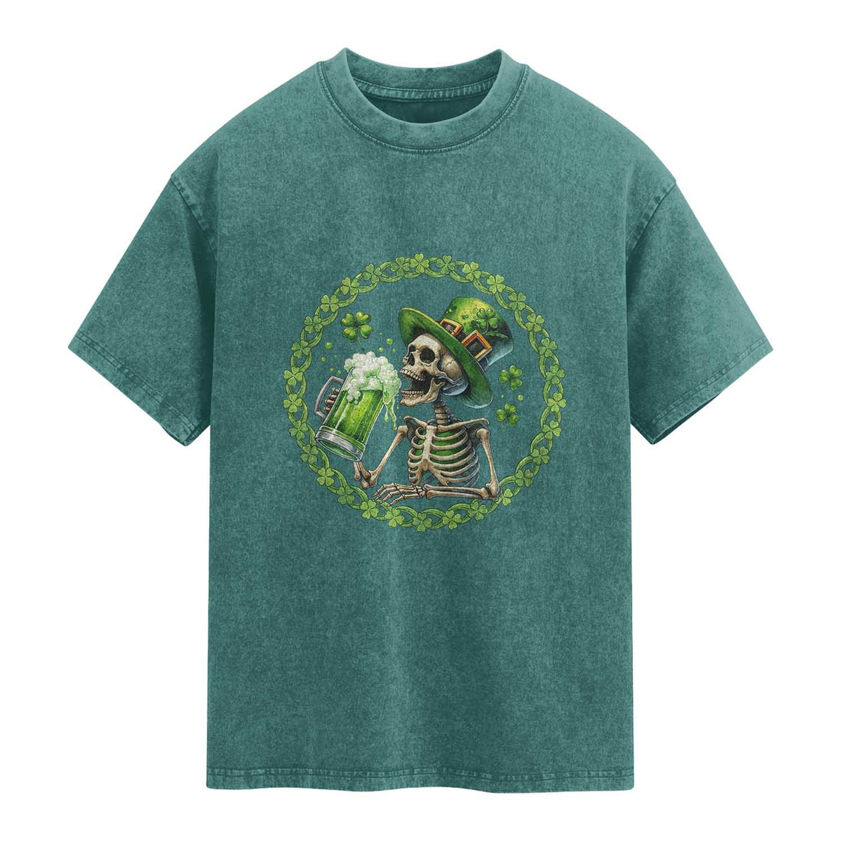 Lucky Irish Skeleton St Patricks Day Washed Cotton T-Shirt Beer Lover