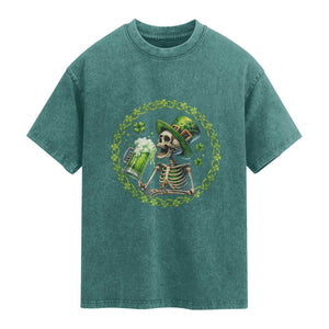 Lucky Irish Skeleton St Patricks Day Washed Cotton T-Shirt Beer Lover
