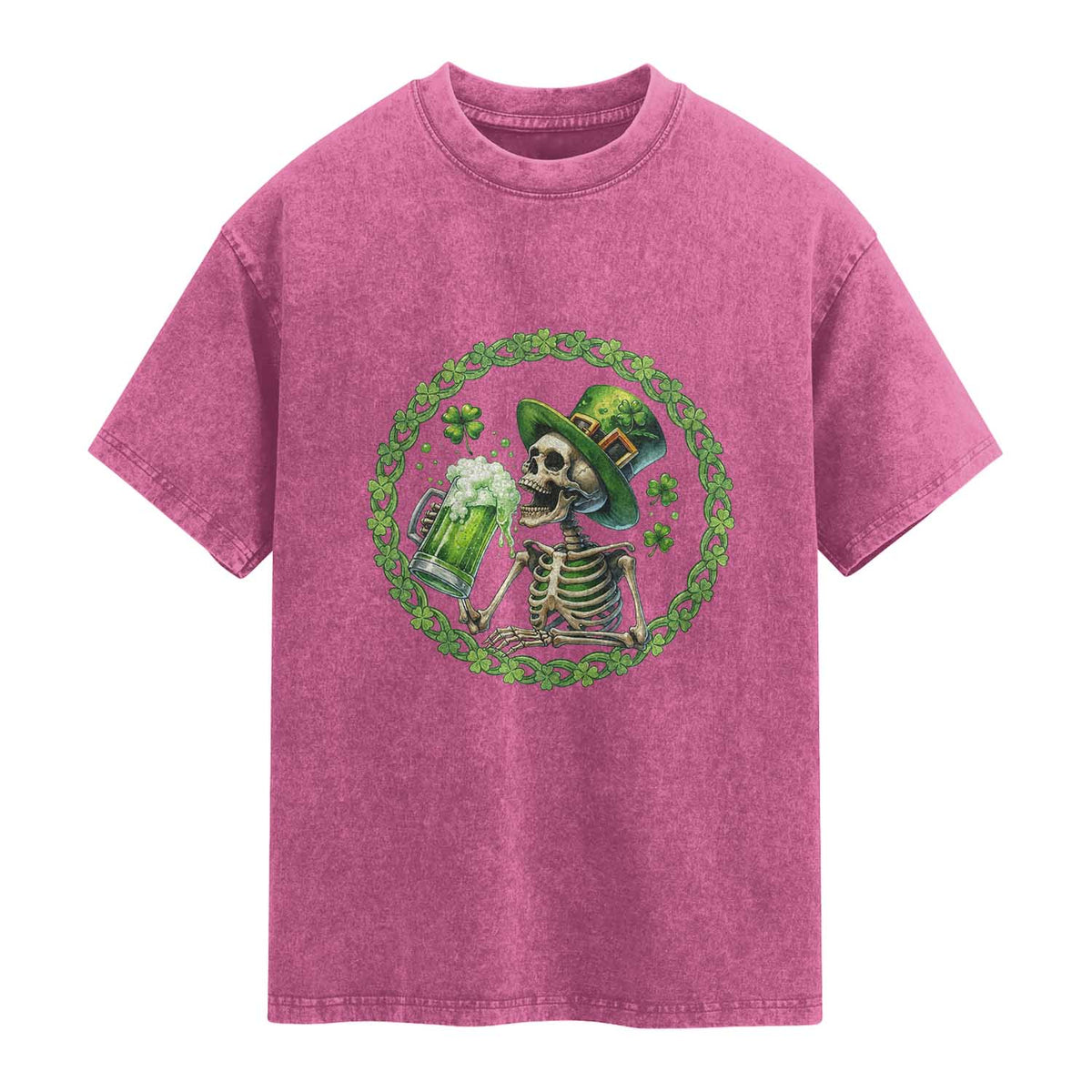 Lucky Irish Skeleton St Patricks Day Washed Cotton T-Shirt Beer Lover