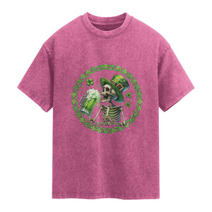 Lucky Irish Skeleton St Patricks Day Washed Cotton T-Shirt Beer Lover