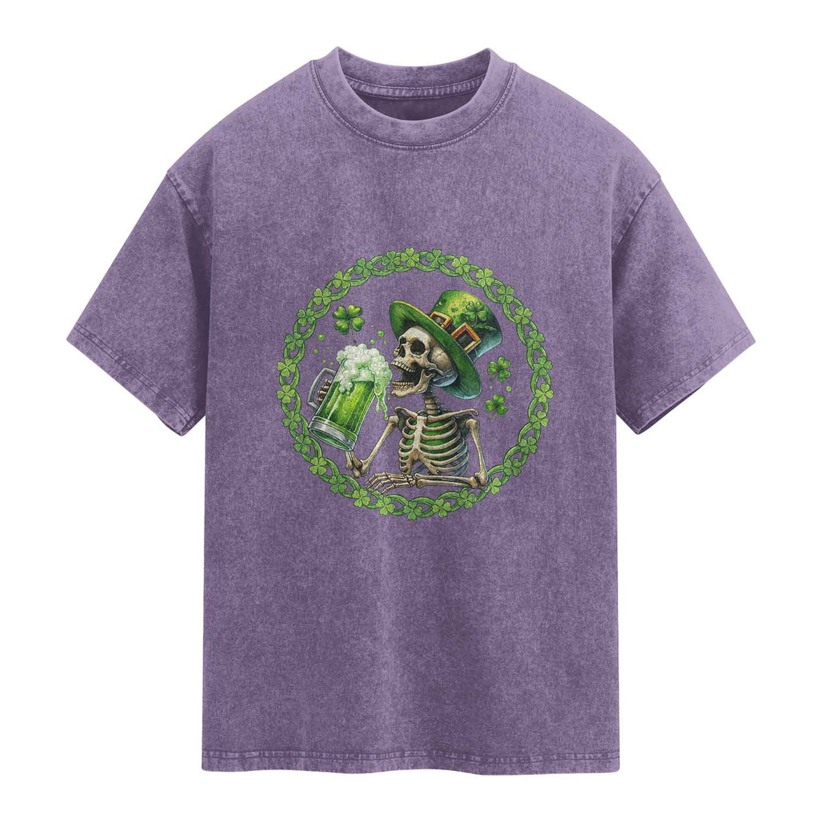 Lucky Irish Skeleton St Patricks Day Washed Cotton T-Shirt Beer Lover