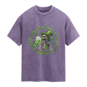 Lucky Irish Skeleton St Patricks Day Washed Cotton T-Shirt Beer Lover