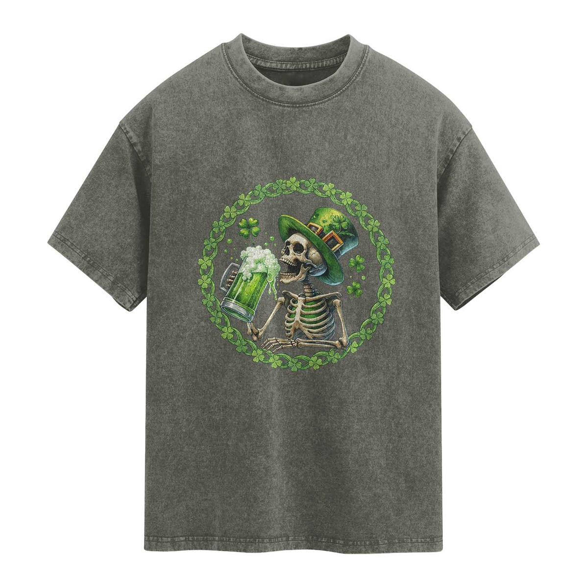 Lucky Irish Skeleton St Patricks Day Washed Cotton T-Shirt Beer Lover