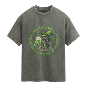 Lucky Irish Skeleton St Patricks Day Washed Cotton T-Shirt Beer Lover