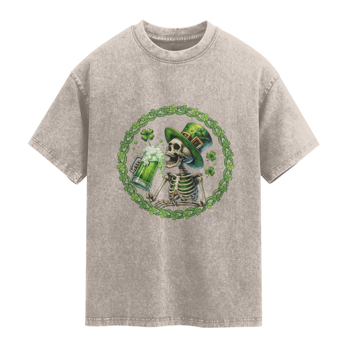 Lucky Irish Skeleton St Patricks Day Washed Cotton T-Shirt Beer Lover