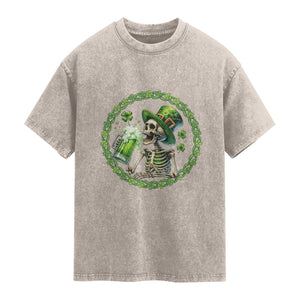 Lucky Irish Skeleton St Patricks Day Washed Cotton T-Shirt Beer Lover