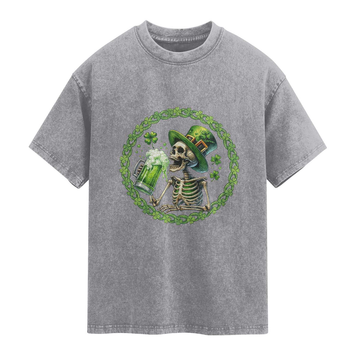 Lucky Irish Skeleton St Patricks Day Washed Cotton T-Shirt Beer Lover