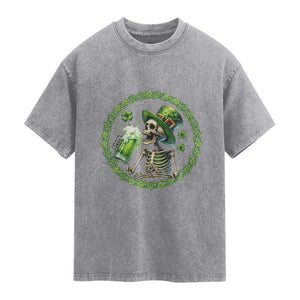 Lucky Irish Skeleton St Patricks Day Washed Cotton T-Shirt Beer Lover