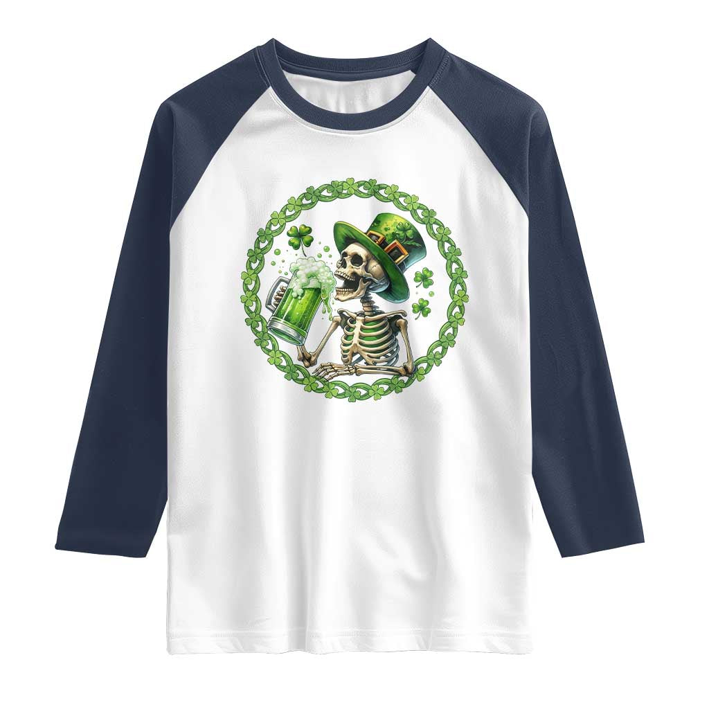 Lucky Irish Skeleton St Patricks Day Raglan Shirt Beer Lover TS12 White Navy Print Your Wear