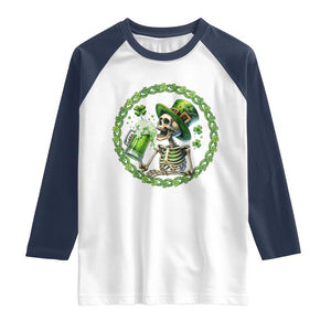 Lucky Irish Skeleton St Patricks Day Raglan Shirt Beer Lover TS12 White Navy Print Your Wear
