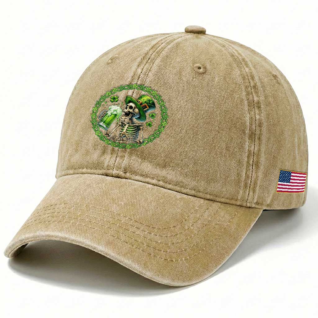 Lucky Irish Skeleton St Patricks Day Washed Cotton Baseball Cap Beer Lover TS12 Print Your Wear