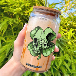 St Patricks Day Lucky Shamrock Skull Gift Glass Can TS12 White Print Your Wear