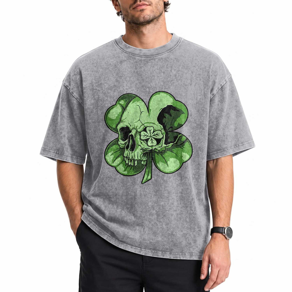 St Patricks Day Lucky Shamrock Skull Gift Washed Cotton T-Shirt