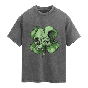 St Patricks Day Lucky Shamrock Skull Gift Washed Cotton T-Shirt