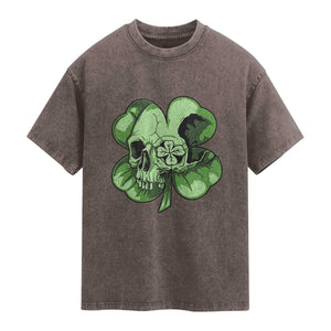 St Patricks Day Lucky Shamrock Skull Gift Washed Cotton T-Shirt