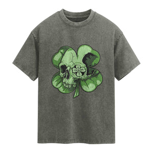 St Patricks Day Lucky Shamrock Skull Gift Washed Cotton T-Shirt