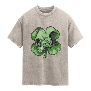 St Patricks Day Lucky Shamrock Skull Gift Washed Cotton T-Shirt