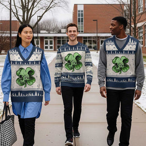 St Patricks Day Lucky Shamrock Skull Gift V-Neck Knit Sweater Vest TS12 Beige Navy Print Your Wear