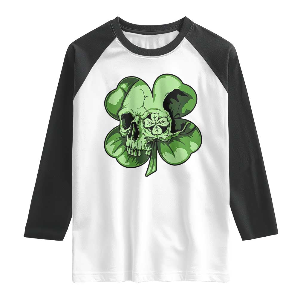 St Patricks Day Lucky Shamrock Skull Gift Raglan Shirt TS12 White Black Print Your Wear