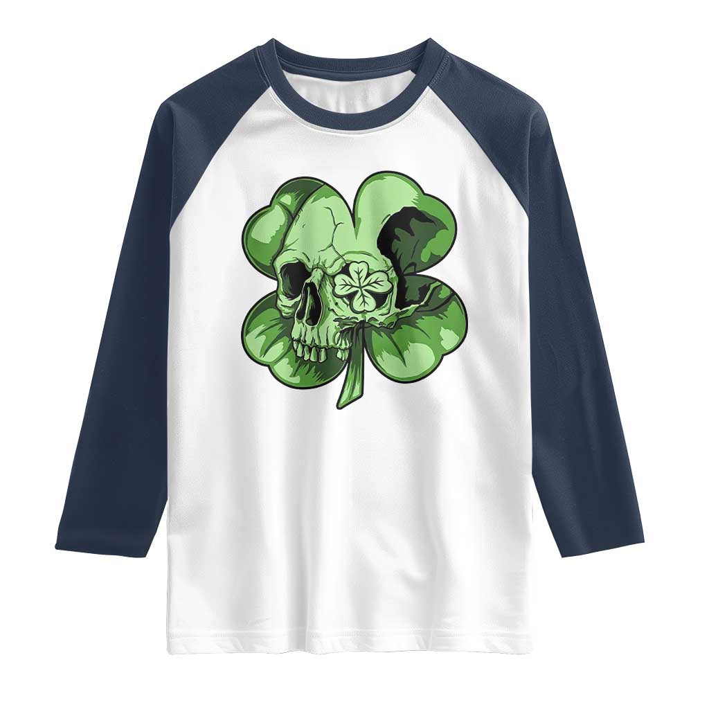 St Patricks Day Lucky Shamrock Skull Gift Raglan Shirt TS12 White Navy Print Your Wear