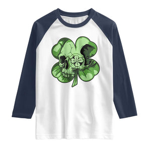 St Patricks Day Lucky Shamrock Skull Gift Raglan Shirt TS12 White Navy Print Your Wear