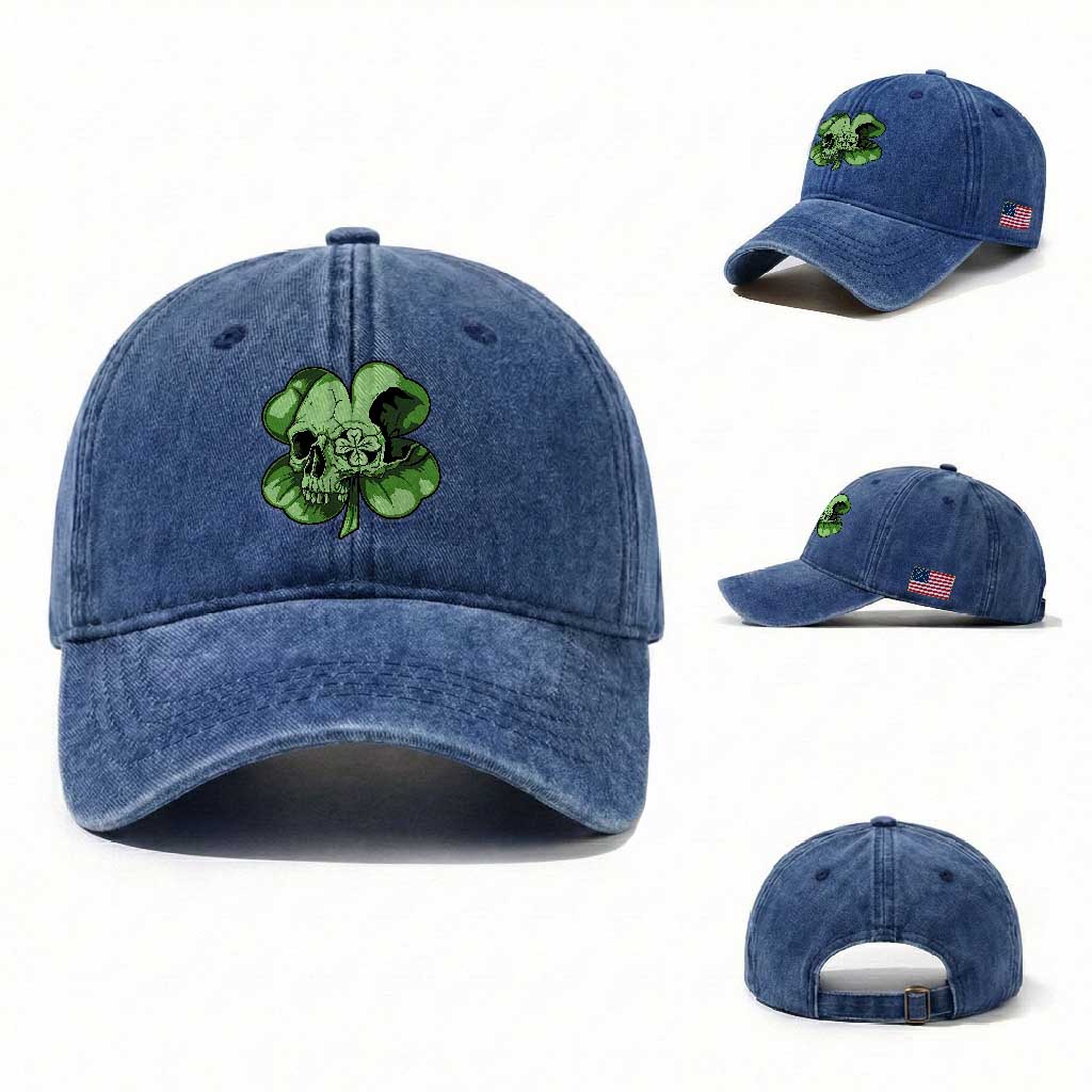 St Patricks Day Lucky Shamrock Skull Gift Washed Cotton Baseball Cap TS12 Washed Cap Universal Fit Royal Blue Print Your Wear