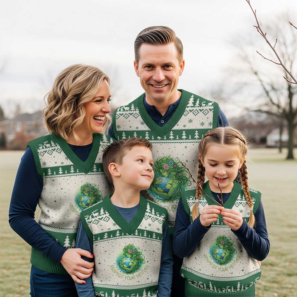 Respect Your Mother V-Neck Knit Sweater Vest Earth Mother Hugging Planet TS12 Beige Green Print Your Wear