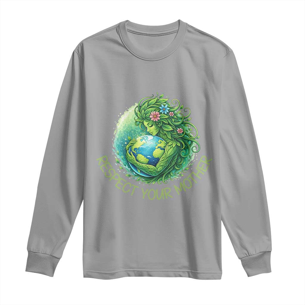 Respect Your Mother Long Sleeve Shirt Earth Mother Hugging Planet TS12 Sport Gray Print Your Wear