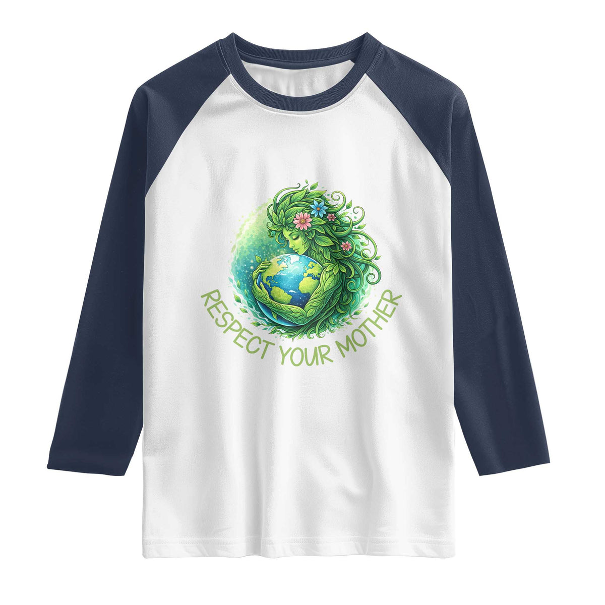 Respect Your Mother Raglan Shirt Earth Mother Hugging Planet TS12 White Navy Print Your Wear
