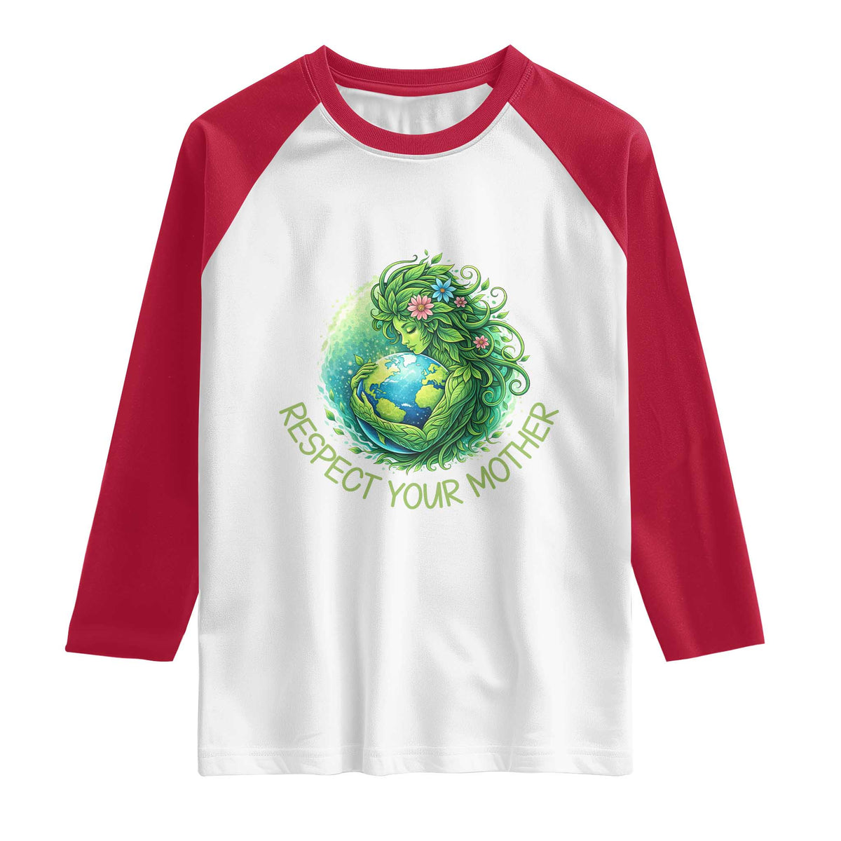 Respect Your Mother Raglan Shirt Earth Mother Hugging Planet TS12 White Red Print Your Wear