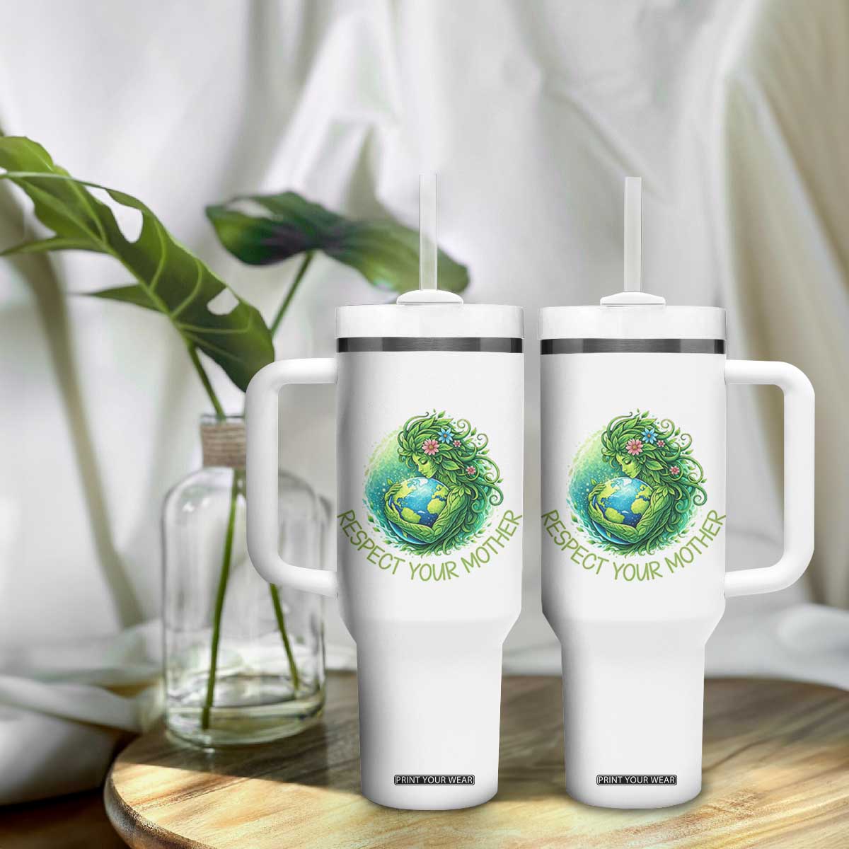 Respect Your Mother Tumbler With Handle Earth Mother Hugging Planet TS12 Print Your Wear