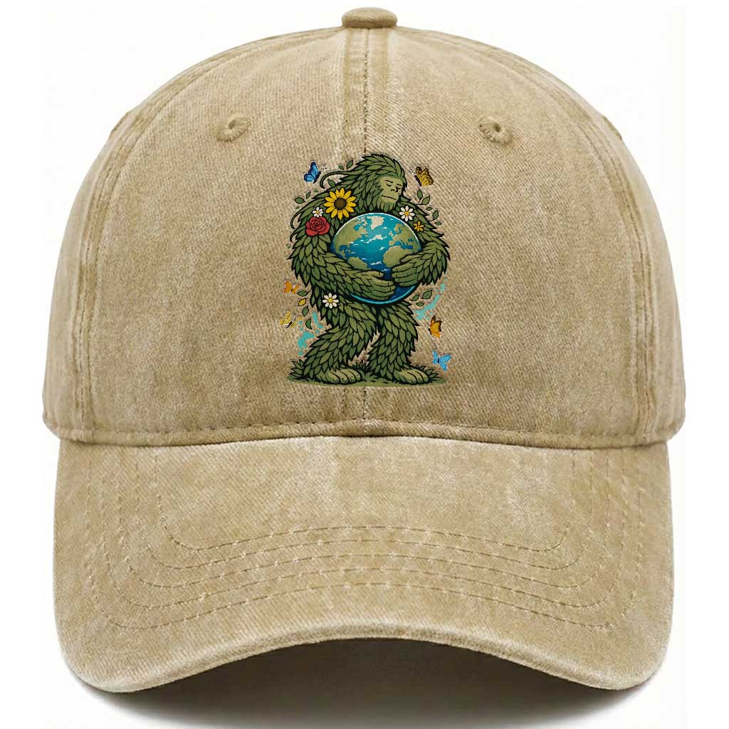 Floral Bigfoot Hugging Earth Washed Cotton Baseball Cap Cottagecore Nature Lover TS12 Print Your Wear