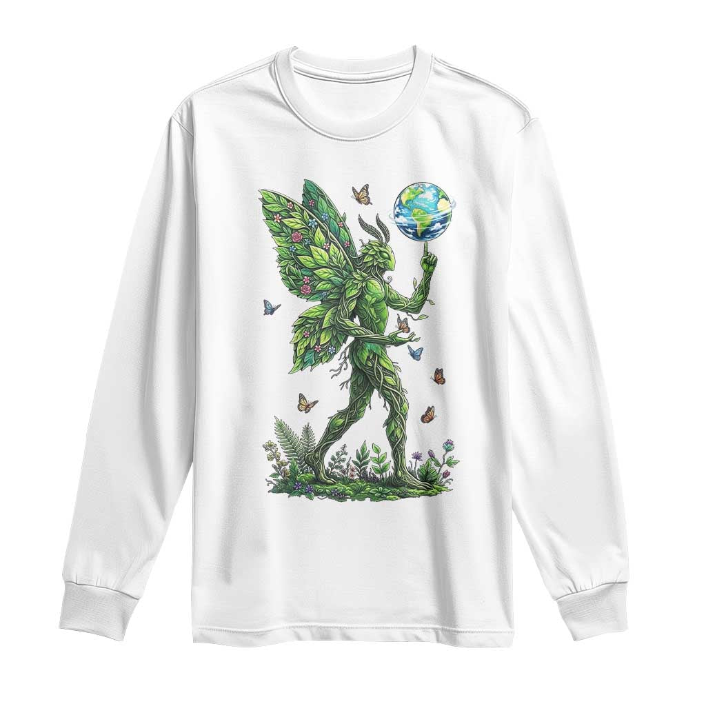 Floral Mothman With Earth Long Sleeve Shirt Cottagecore Nature Lover Cryptid TS12 White Print Your Wear