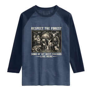 Respect The Forest My Best Friends Live Here Raglan Shirt Cryptid Forest Lover TS12 Heather Denim Navy Print Your Wear