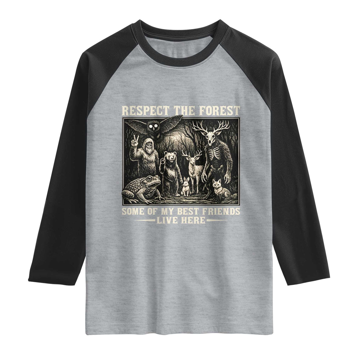 Respect The Forest My Best Friends Live Here Raglan Shirt Cryptid Forest Lover TS12 Heather Gray Black Print Your Wear