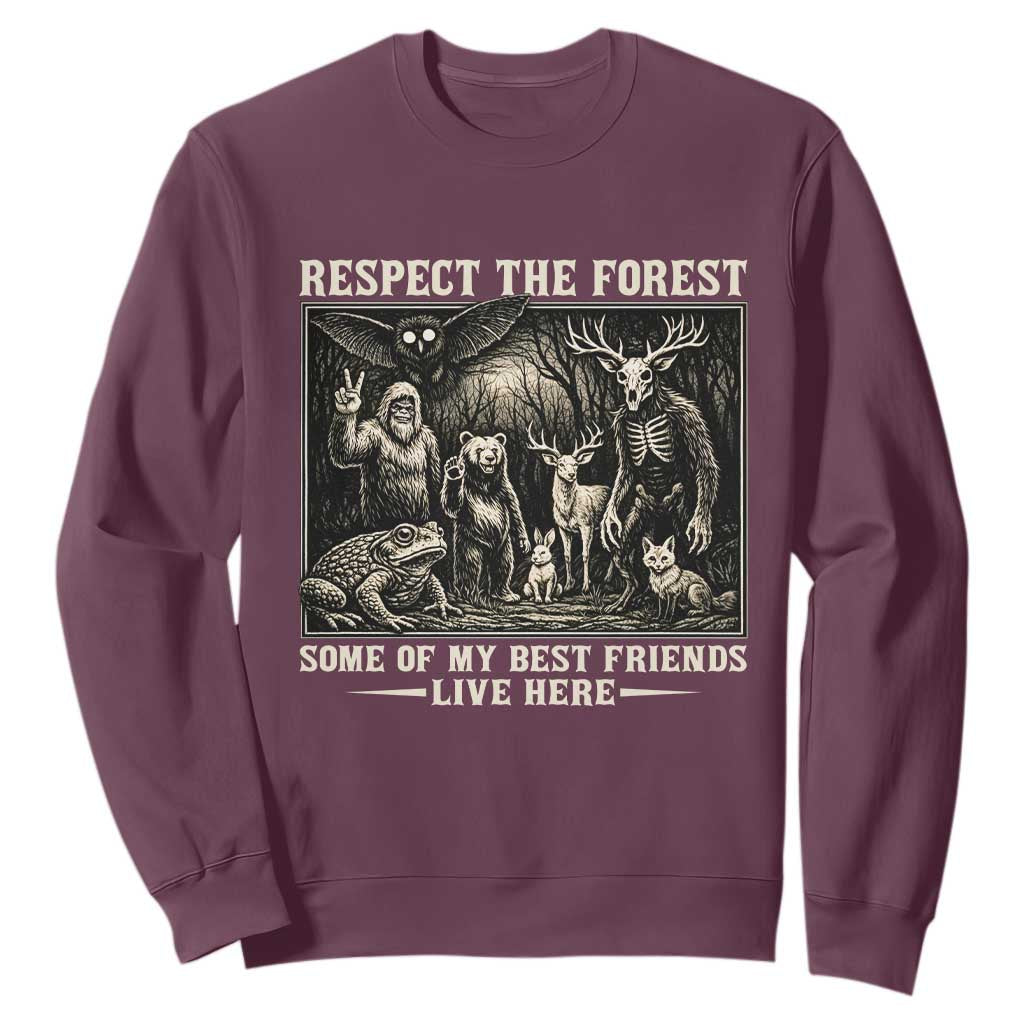 Respect The Forest My Best Friends Live Here Sweatshirt Cryptid Forest Lover TS12 Maroon Print Your Wear