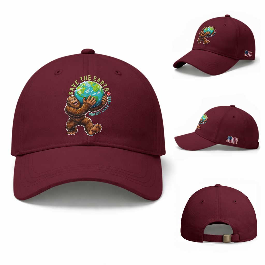 Earth Day Baseball Cap Save The Earth Bigfoot Lives Here TS12 Baseball Cap Universal Fit Maroon Print Your Wear