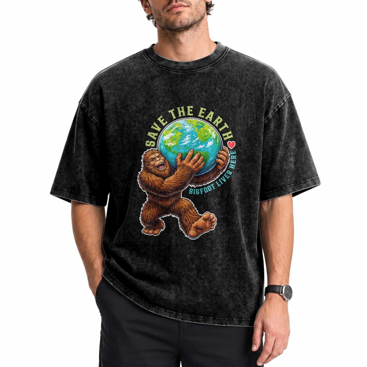 Earth Day Washed Cotton T-Shirt Save The Earth Bigfoot Lives Here