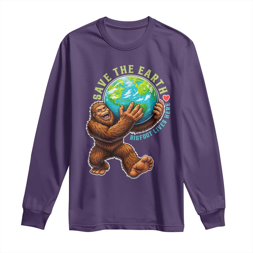 Earth Day Long Sleeve Shirt Save The Earth Bigfoot Lives Here TS12 Purple Print Your Wear