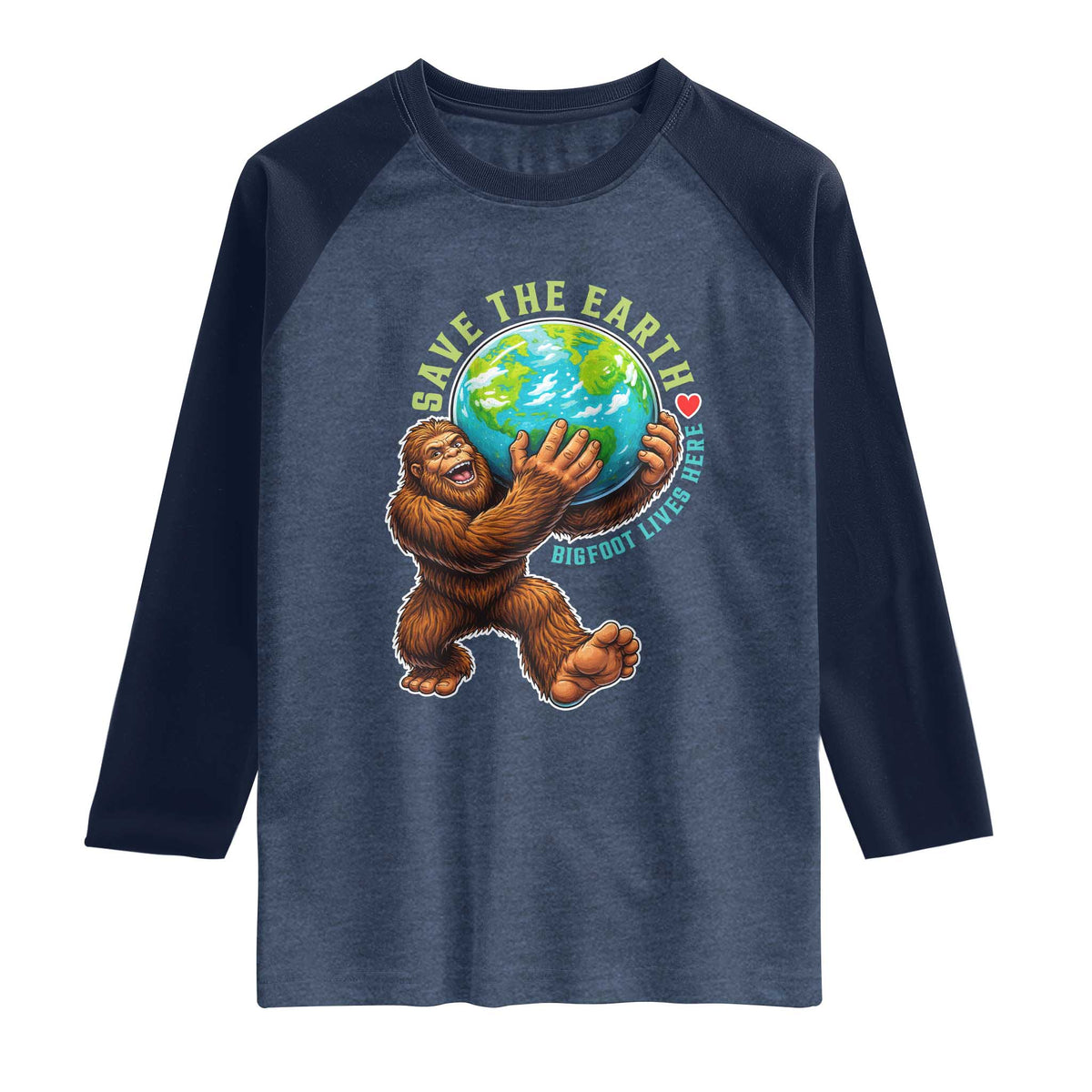 Earth Day Raglan Shirt Save The Earth Bigfoot Lives Here TS12 Heather Denim Navy Print Your Wear