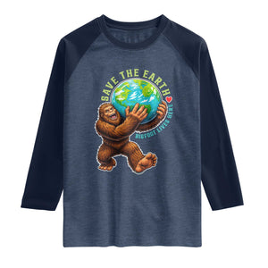 Earth Day Raglan Shirt Save The Earth Bigfoot Lives Here TS12 Heather Denim Navy Print Your Wear