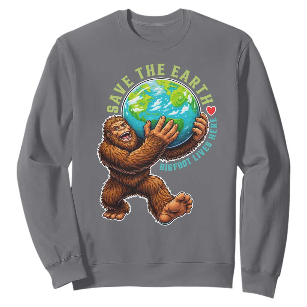 Earth Day Sweatshirt Save The Earth Bigfoot Lives Here TS12 Charcoal Print Your Wear