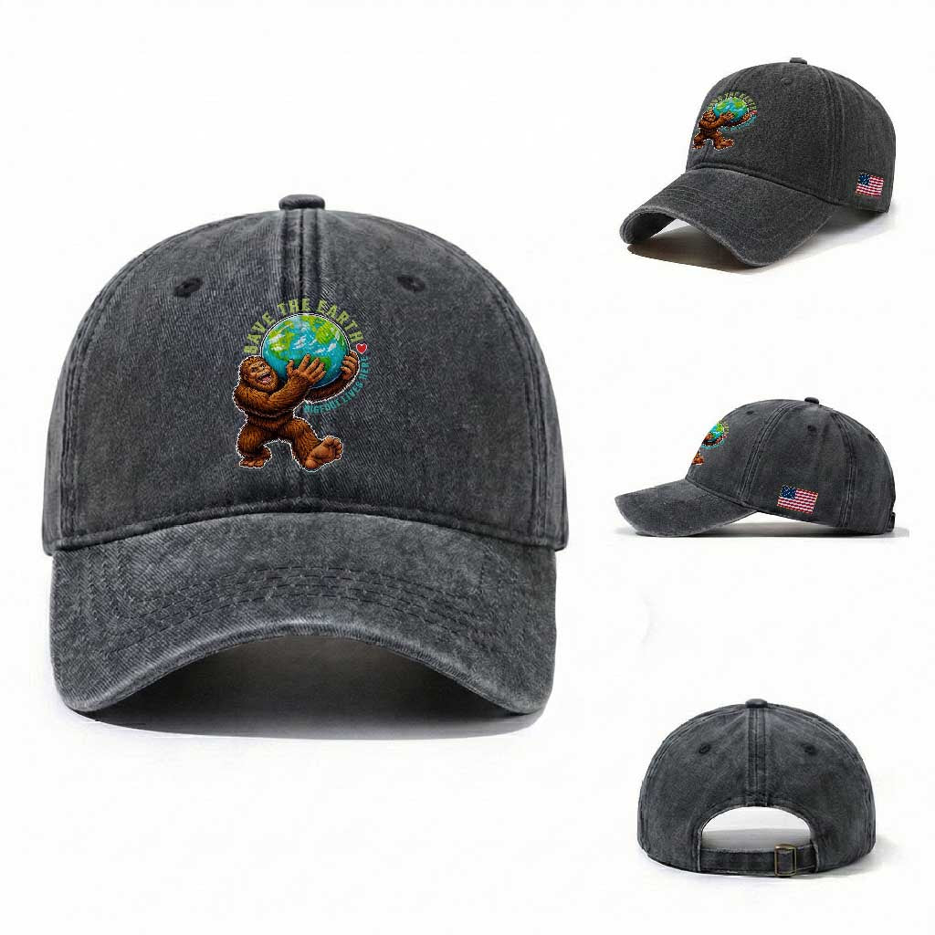 Earth Day Washed Cotton Baseball Cap Save The Earth Bigfoot Lives Here TS12 Washed Cap Universal Fit Dark Gray Print Your Wear